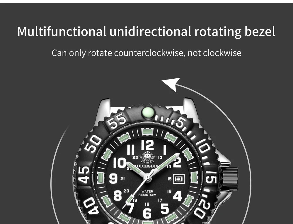 Addies Dive New Men Watch 316L Stainless Steel Strap Black Dial 50m Waterproof Watch Luminous Hand 51mm Alloy Case Sports Watch