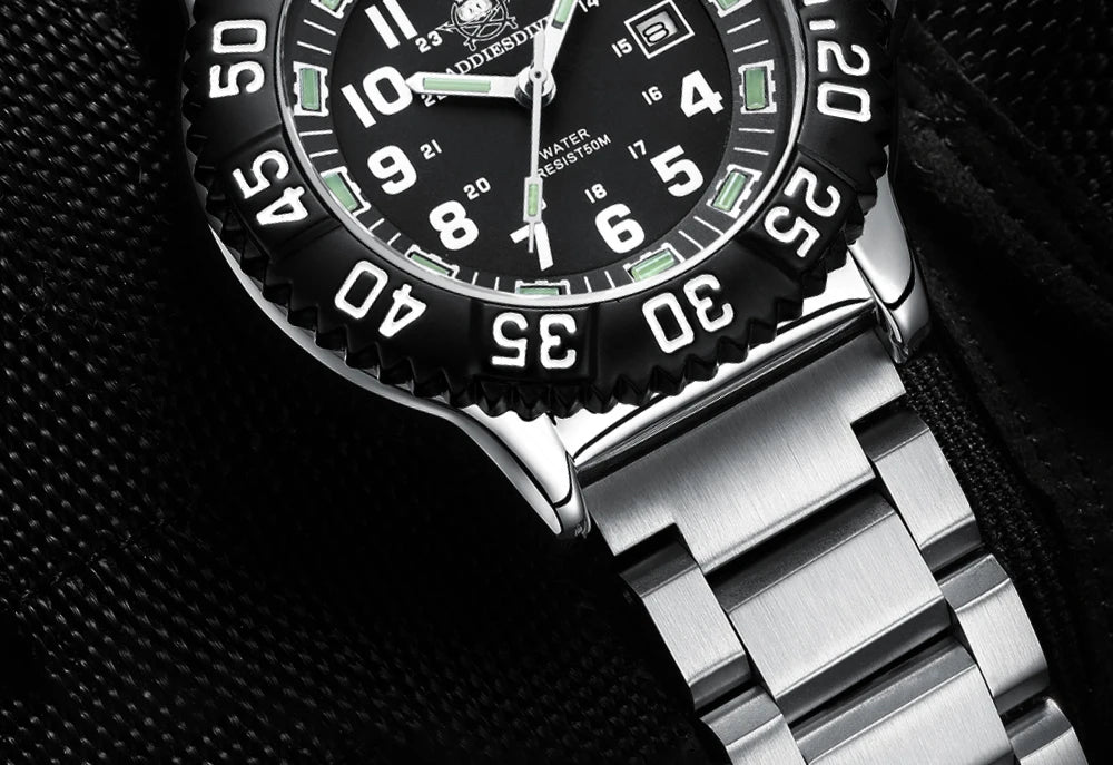 Addies Dive New Men Watch 316L Stainless Steel Strap Black Dial 50m Waterproof Watch Luminous Hand 51mm Alloy Case Sports Watch