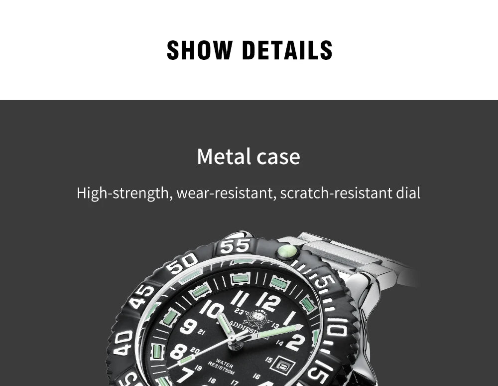Addies Dive New Men Watch 316L Stainless Steel Strap Black Dial 50m Waterproof Watch Luminous Hand 51mm Alloy Case Sports Watch