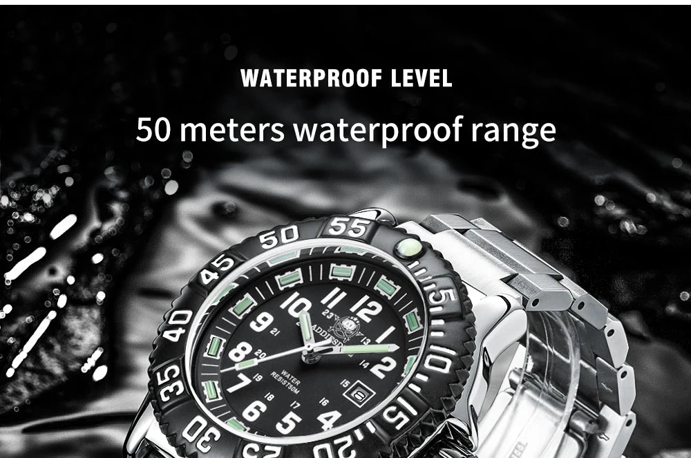 Addies Dive New Men Watch 316L Stainless Steel Strap Black Dial 50m Waterproof Watch Luminous Hand 51mm Alloy Case Sports Watch