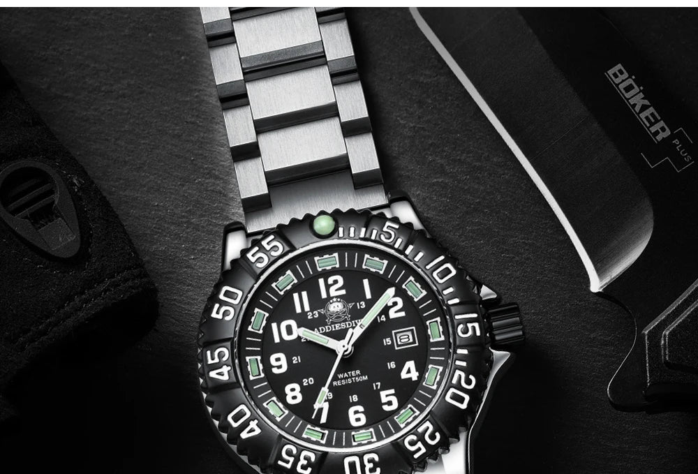 Addies Dive New Men Watch 316L Stainless Steel Strap Black Dial 50m Waterproof Watch Luminous Hand 51mm Alloy Case Sports Watch
