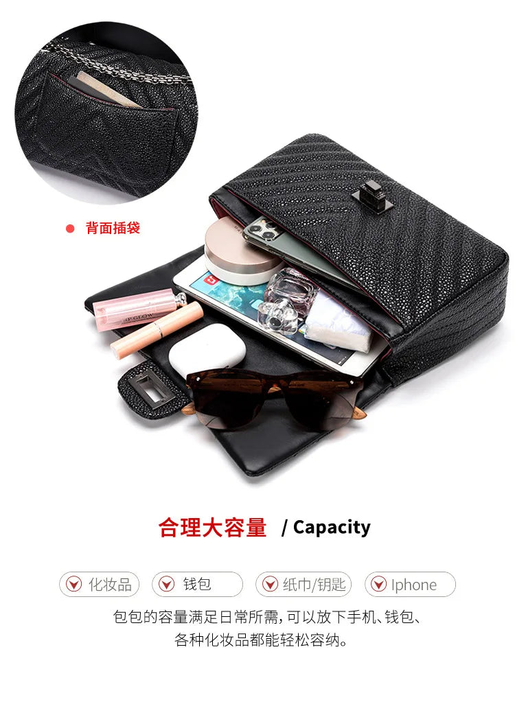 2025 New Tweed Style High-end Feel Single Shoulder Slant Cross Leather Harness Bag Soft Texture Underarm Bag Chain Strap