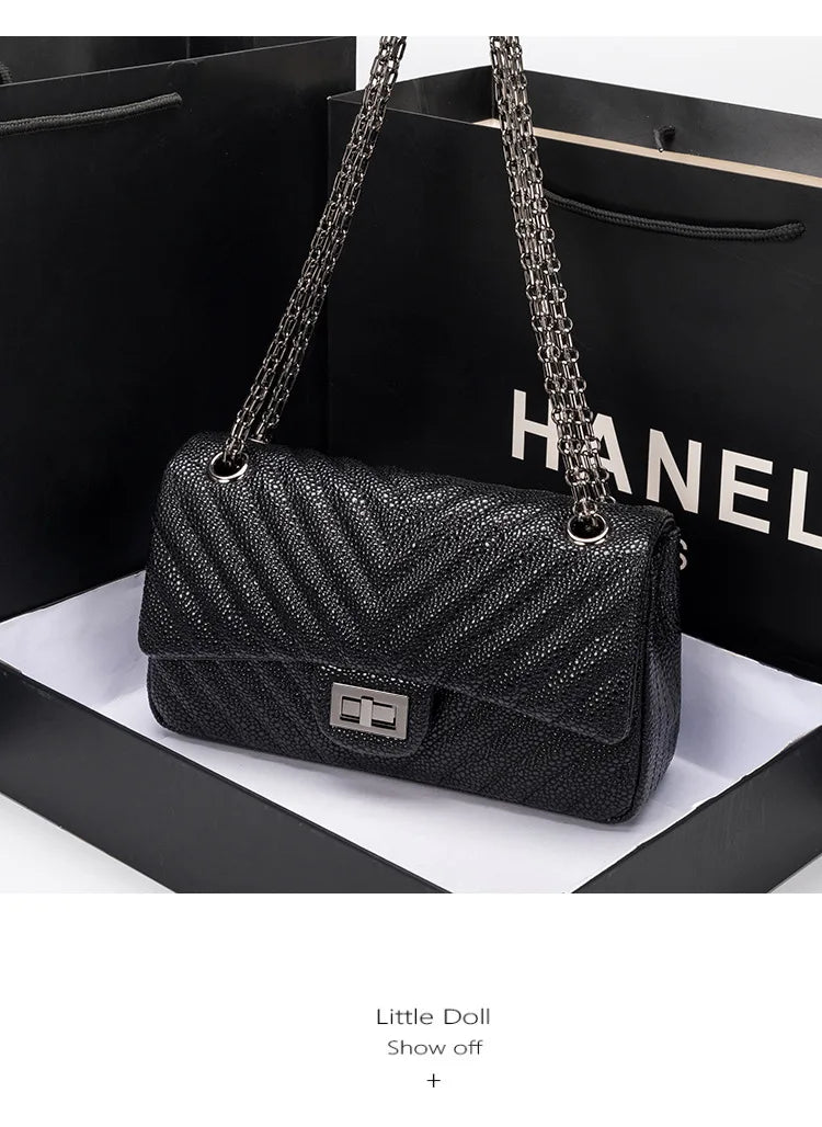 2025 New Tweed Style High-end Feel Single Shoulder Slant Cross Leather Harness Bag Soft Texture Underarm Bag Chain Strap