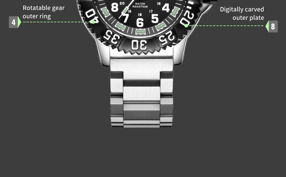 Addies Dive New Men Watch 316L Stainless Steel Strap Black Dial 50m Waterproof Watch Luminous Hand 51mm Alloy Case Sports Watch