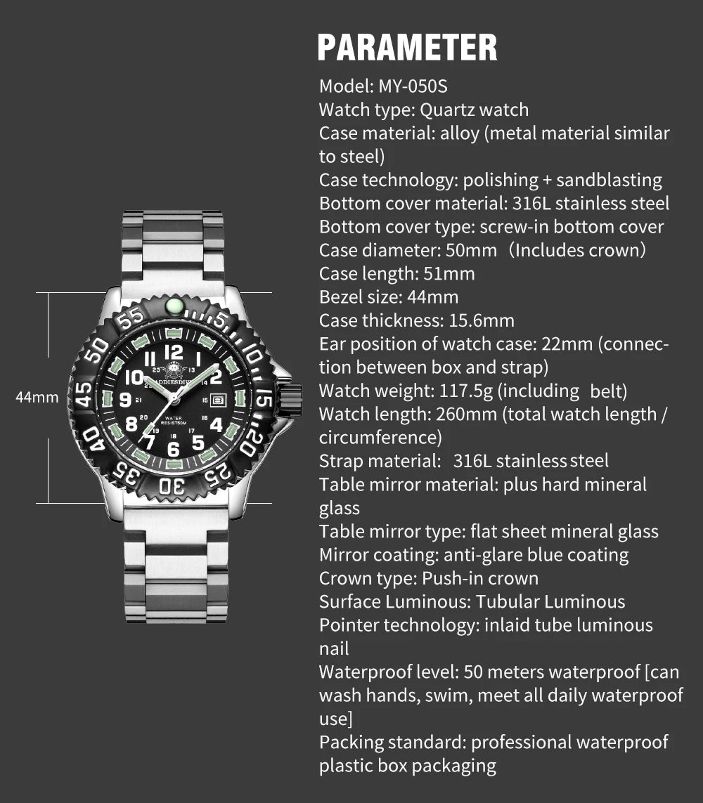 Addies Dive New Men Watch 316L Stainless Steel Strap Black Dial 50m Waterproof Watch Luminous Hand 51mm Alloy Case Sports Watch