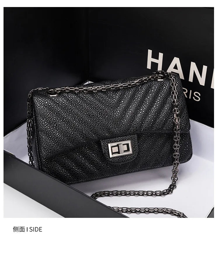 2025 New Tweed Style High-end Feel Single Shoulder Slant Cross Leather Harness Bag Soft Texture Underarm Bag Chain Strap