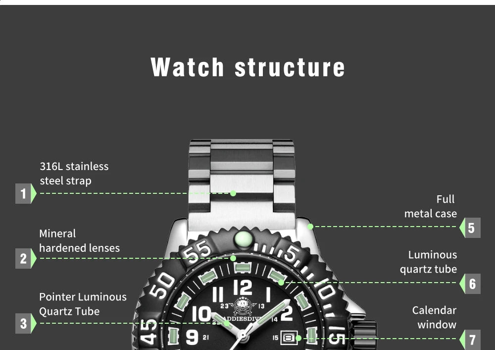 Addies Dive New Men Watch 316L Stainless Steel Strap Black Dial 50m Waterproof Watch Luminous Hand 51mm Alloy Case Sports Watch