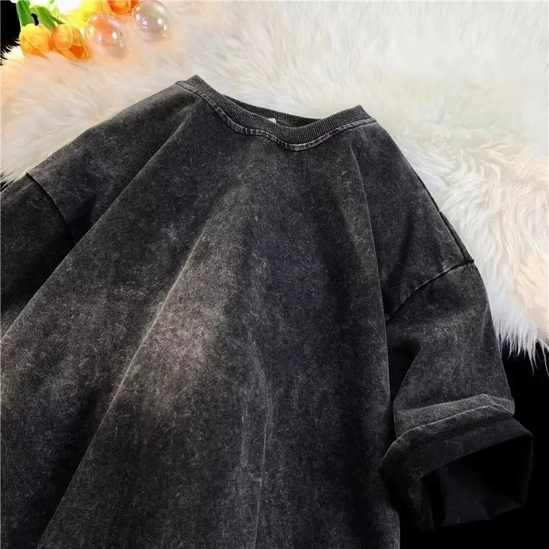 American Style Retro Heavyweight Solid Color Short Sleeved T-shirt Men Women Summer Street Trendy Washed Old Oversized Clothes