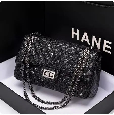 2025 New Tweed Style High-end Feel Single Shoulder Slant Cross Leather Harness Bag Soft Texture Underarm Bag Chain Strap