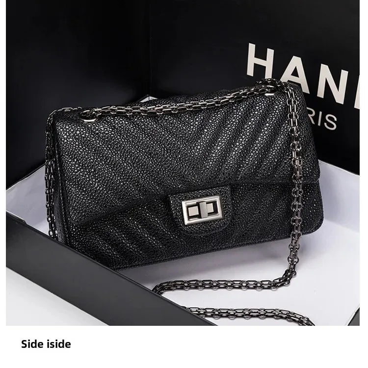 2025 New Tweed Style High-end Feel Single Shoulder Slant Cross Leather Harness Bag Soft Texture Underarm Bag Chain Strap