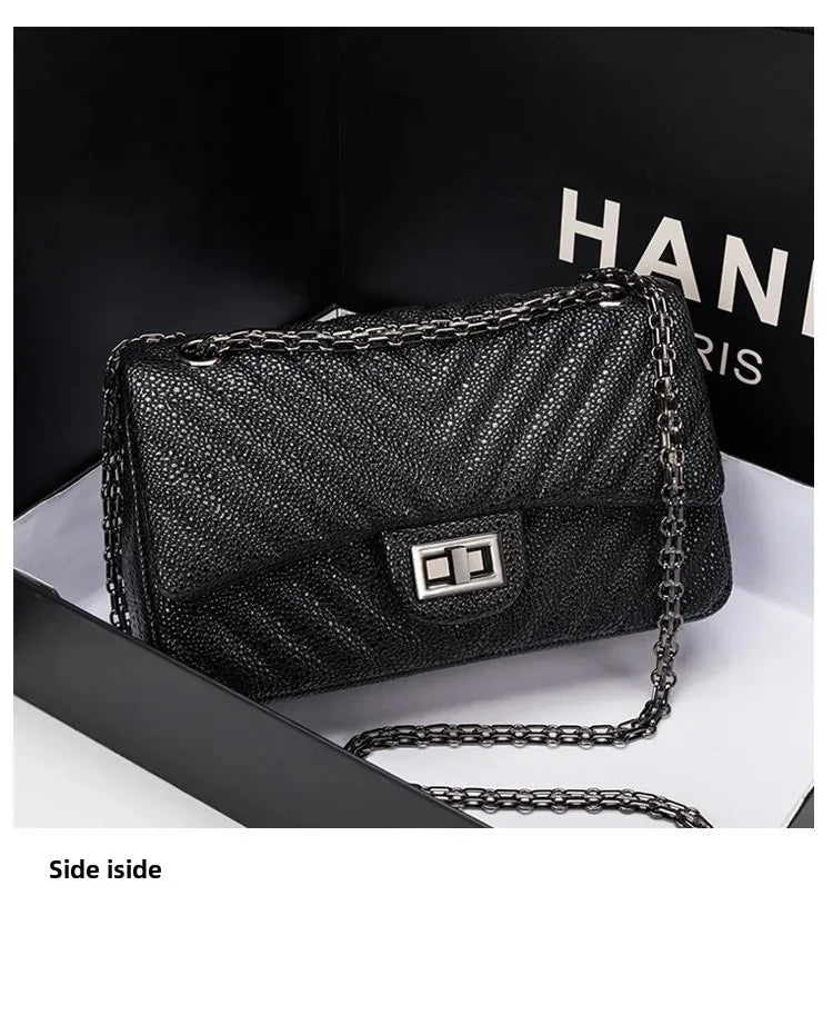 2025 New Tweed Style High-end Feel Single Shoulder Slant Cross Leather Harness Bag Soft Texture Underarm Bag Chain Strap