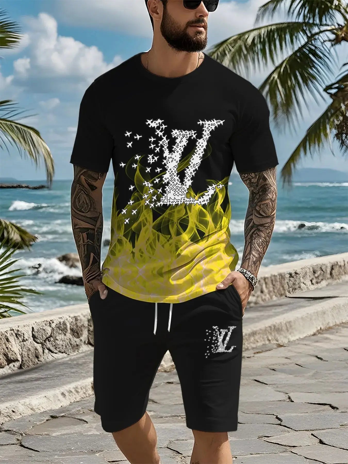 2025 Men's Luxury Quick-drying T-shirt Set American Luxury Brand Casual, Comfortable and Breathable High-end T-shirt Shorts Y2K