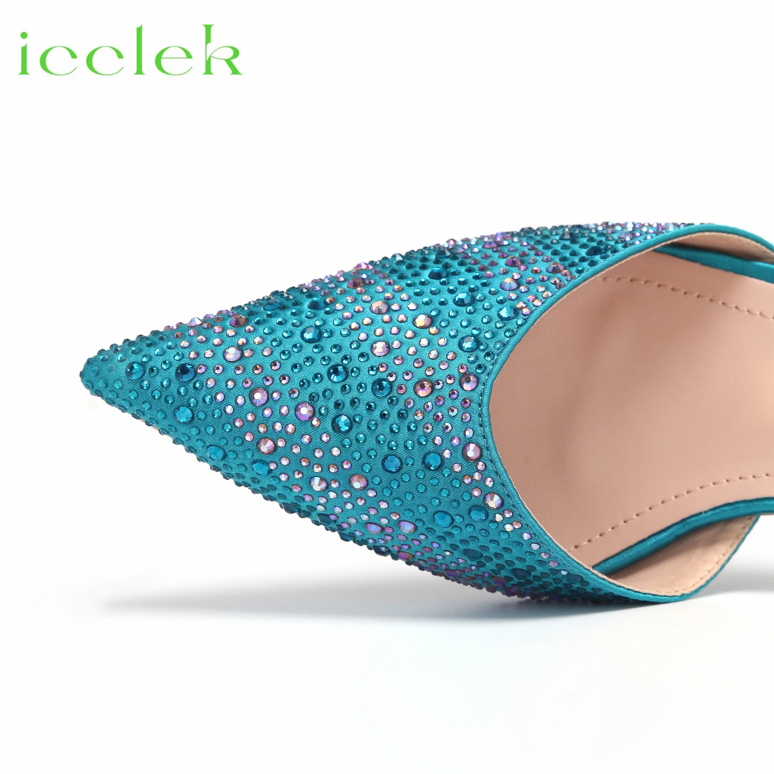 Teal Color Comfortable Thin Heels Pointed Toe Ladies Shoes Matching Bag Set For Party Women in Summer